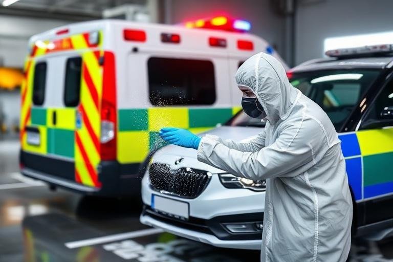 Person in hazmat suit near emergency vehicles in a parking area