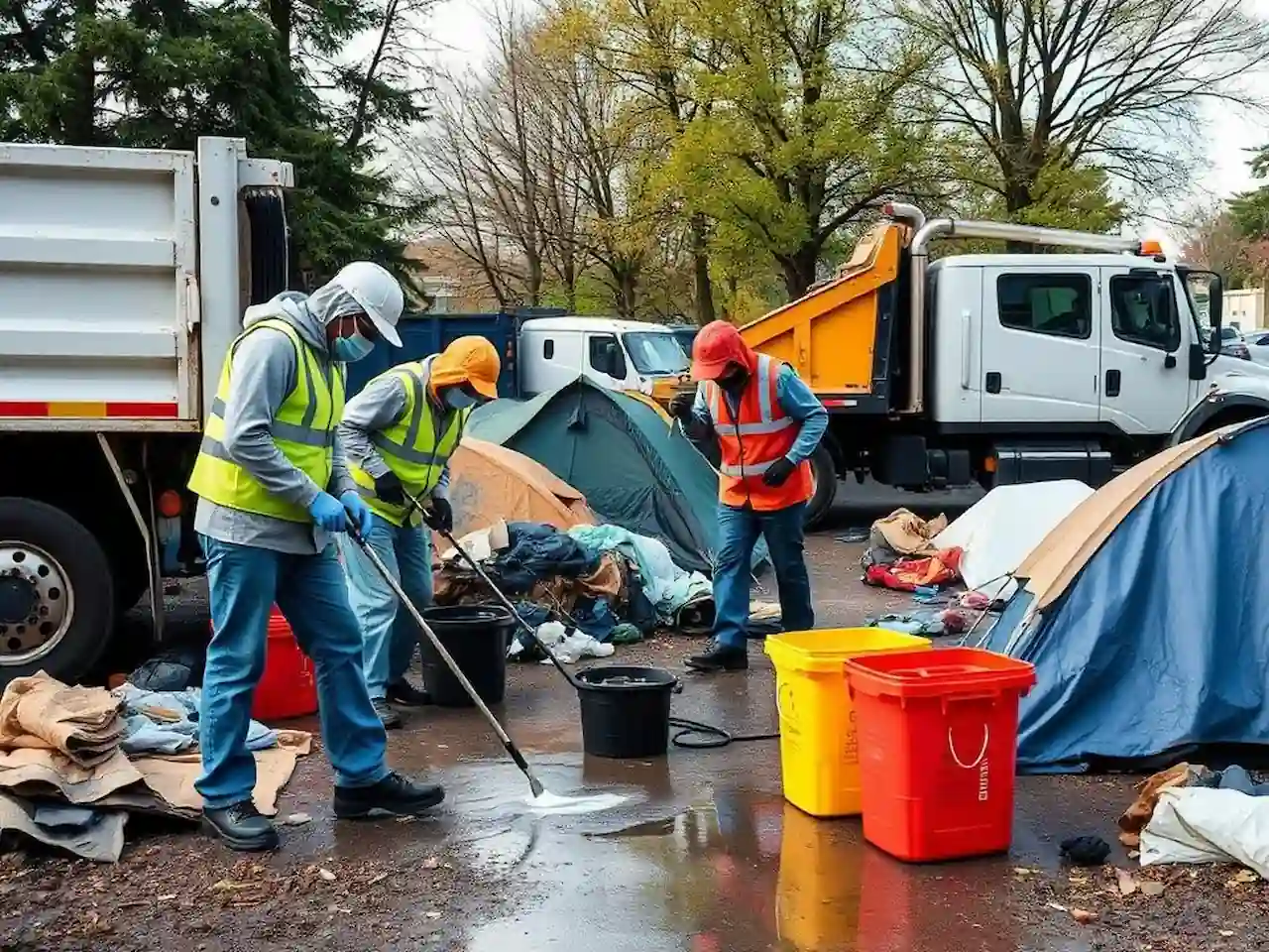 Cleanup crew in protective gear removing debris at an outdoor disaster or biohazard scene.