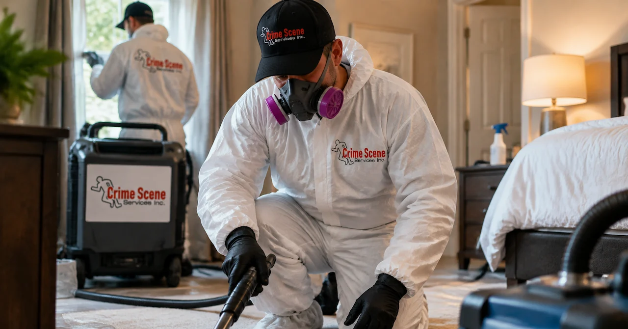 Professional biohazard cleanup technician handling property cleanup after death