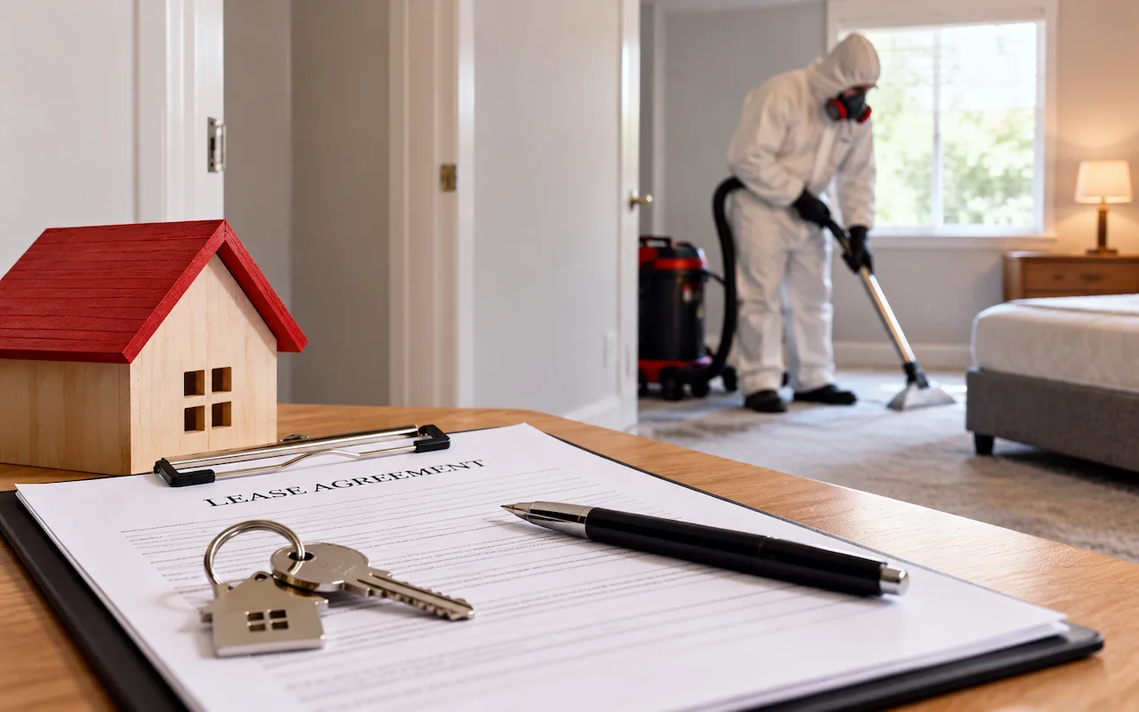 Professional crime scene cleanup technician decontaminating a rental property while lease documents and house keys sit in the foreground.