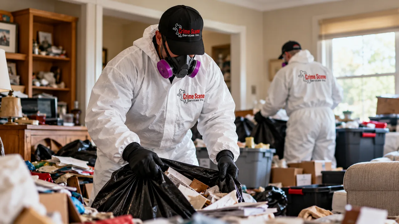 "Professional hoarding cleanup technicians wearing protective suits and respirators safely removing clutter and debris from a heavily cluttered home during a residential hoarding cleanout."